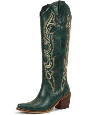 Women's Matte Green Faux Leather Cuban Heel Pointed Toe Cowgirl Western Boots